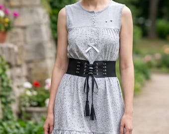Floral Cotton Sleeveless Dress, Handcrafted Faux Leather Corset Belt Set, cottagecore dress pattern