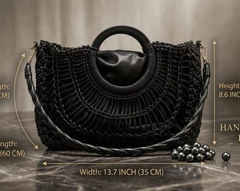 Handmade Black Macrame Bag, Genuine Leather Accents, Acrylic Handles