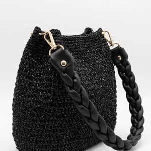 Metallic Black Raffia Bag, Gold Tassel Charm, Hand-Crocheted bridesmaid gift image 6