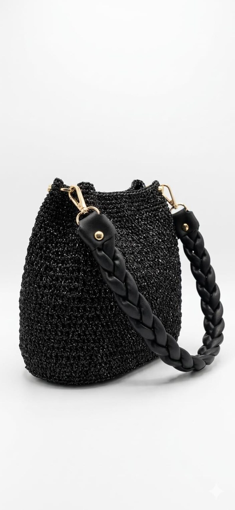 Metallic Black Raffia Bag, Gold Tassel Charm, Hand-Crocheted bridesmaid gift image 6