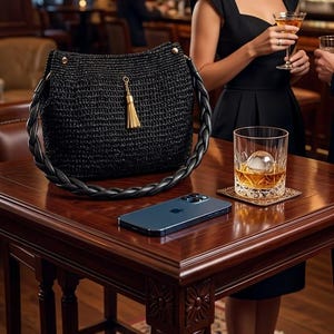 Metallic Black Raffia Bag, Gold Tassel Charm, Hand-Crocheted bridesmaid gift image 1