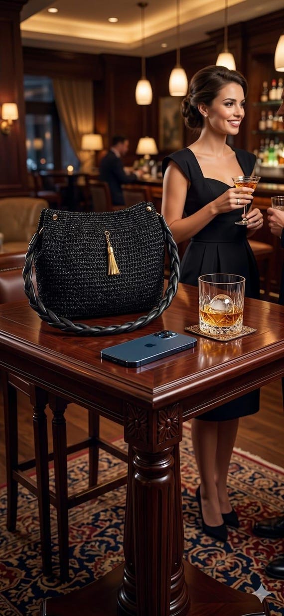 Metallic Black Raffia Bag, Gold Tassel Charm, Hand-Crocheted bridesmaid gift