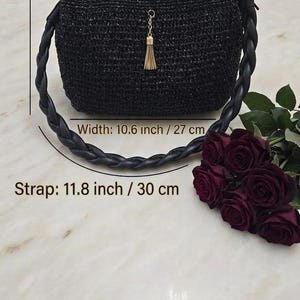 Metallic Black Raffia Bag, Gold Tassel Charm, Hand-Crocheted bridesmaid gift image 3