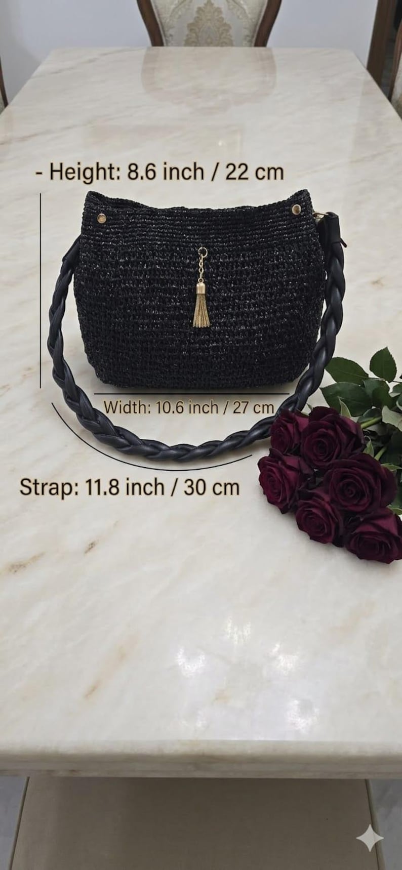Metallic Black Raffia Bag, Gold Tassel Charm, Hand-Crocheted bridesmaid gift image 3