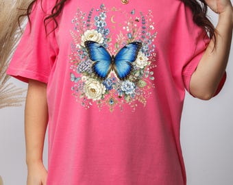 Blue Butterfly Floral Illustration T-Shirt | Moon and Wildflowers