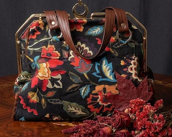 Handmade Floral Duck Canvas Tote Bag, Gold Handle, Leather Strap
