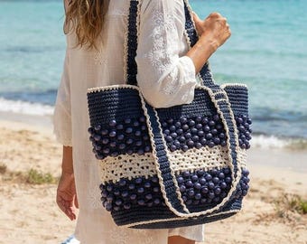 Boho Raffia Tote Bag, Hand-Knitted Summer Beach Bag with Wooden Beads, Navy Blue Woven Shoulder Bag, Large Market Bag,