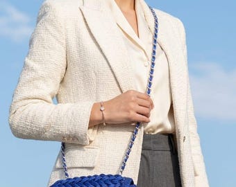 Minimal Blue Crochet Shoulder Bag, Recycled Yarn Faux Leather Texture, Chain Strap Handbag