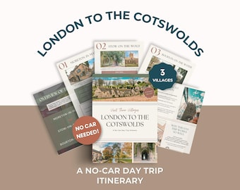 May include: A travel itinerary titled "London to the Cotswolds" with the text "3 Villages" and "No Car Needed!" is displayed. The brochure features images of villages and the text "A No-Car Day Trip Itinerary."