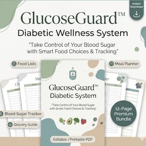 Peut inclure: Téléchargement numérique intitulé "GlucoseGuard Diabetic Wellness System". La couverture présente le nom du produit, un slogan et des icônes pour les listes d'aliments, les planificateurs de repas et le suivi de la glycémie. Le design comprend un pack premium de 12 pages.
