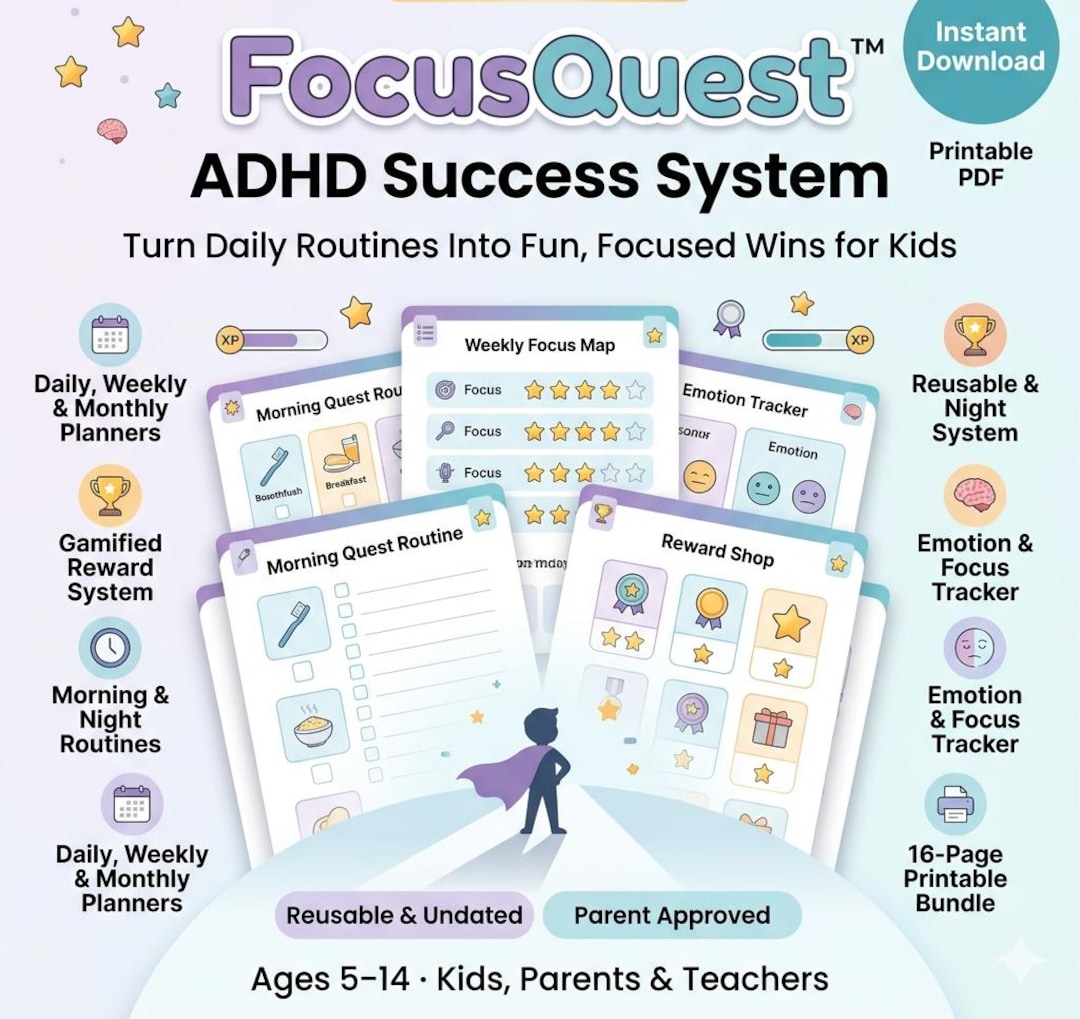 ADHD Kids Planner Bundle | Daily Routine, Behavior Chart, Focus Tracker ...