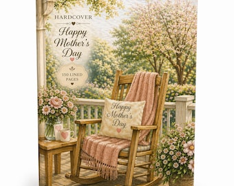 Puede incluir: Libro de tapa dura con una portada que muestra una mecedora en un porche, una manta rosa y un cojín con la frase "Happy Mother's Day". El libro tiene 150 páginas rayadas. La portada también incluye el texto "Happy Mother's Day."