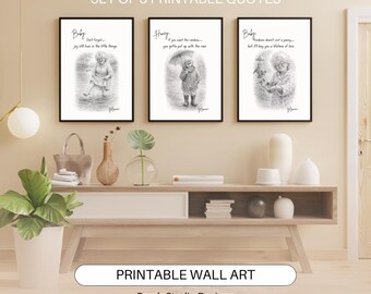 Puede incluir: Conjunto de tres citas imprimibles enmarcadas con marcos negros. Cada impresión presenta una ilustración en blanco y negro de una persona mayor con una cita. También se ve el texto "PRINTABLE WALL ART" y "Porch Studio Designs".