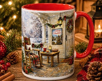 Puede incluir: Taza de cerámica con interior y asa rojos, que presenta una escena invernal con una mecedora y un letrero que dice "Merry Christmas". La taza está decorada con un ambiente acogedor de porche, completo con una corona y una linterna.