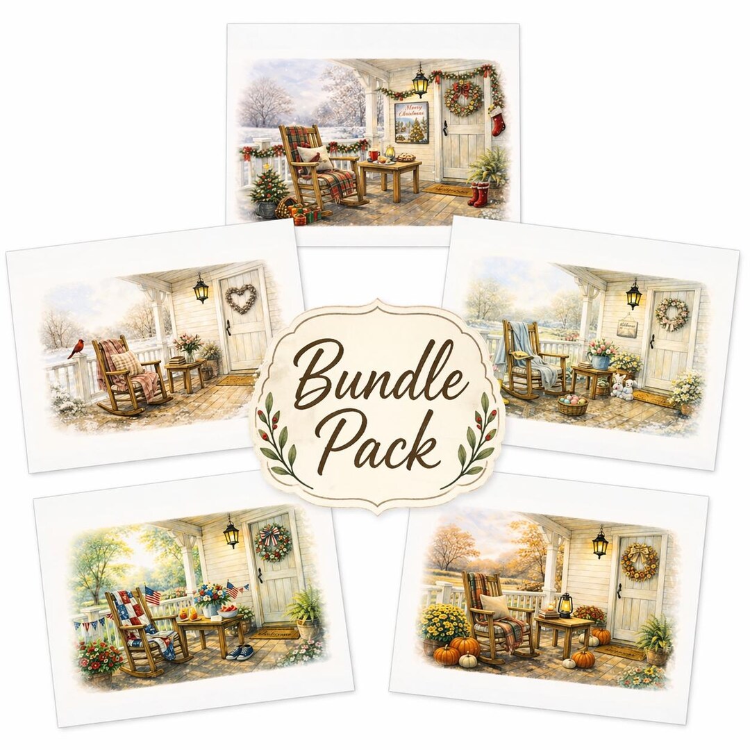 Seasonal Porch Cards Bundle, Cozy Cottage Art, Blank Greeting Cards ...