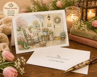 Puede incluir: Una tarjeta de felicitación con una ilustración en acuarela de un porche con una mecedora, flores y una corona en la puerta. La tarjeta dice "Blank Inside for your personal message". También se ven un sobre y un bolígrafo.