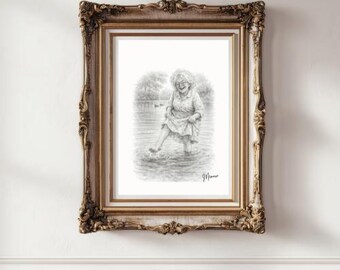 Puede incluir: Boceto a lápiz de una mujer vadeando en el agua, enmarcado en un marco dorado ornamentado. La obra de arte está colocada contra una pared blanca. La mujer lleva un vestido y sonríe. La obra está firmada. El marco tiene detalles decorativos.