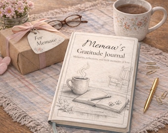 Puede incluir: Naturaleza muerta con un diario de gratitud titulado "Memaw's Gratitude Journal" con un lápiz, un bolígrafo dorado y clips. También hay un regalo envuelto con una etiqueta que dice "For Memaw" y una taza de café.