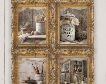 Puede incluir: Conjunto de cuatro grabados enmarcados con temática de cocina de campo. Cada grabado presenta elementos de cocina de estilo vintage como rodillos, libros y tarros. Los marcos son dorados y ornamentados, y los grabados tienen una paleta de colores apagados.