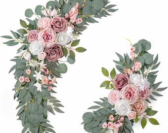 2-Piece Pink Rose Wedding Arch Flowers, Artificial Floral Swag Set for Ceremony Backdrop