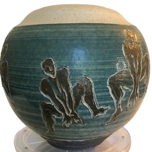 Hand Thrown Figurative Jumping Man Pot Blues Grey Round Approximately 8” X 8” Ceramic Vase