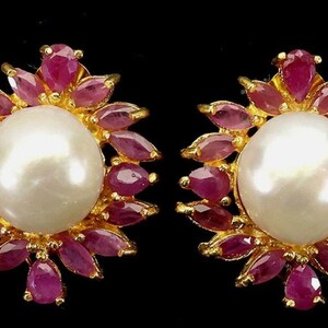 Natural Pearl Ruby Gemstone Yellow Gold Earrings Pear 5x3mm 14K Gilded 925 Sterling Silver