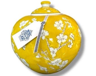 Nowy z metką Musztardowy żółty kwiatowy słoik na imbir w stylu Chinoiserie z pokrywką 8” x 8”