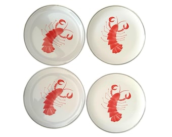 Lobster Shrimp Set of 4 Red and White Melamine 8" Appetizer Plates DW Safe