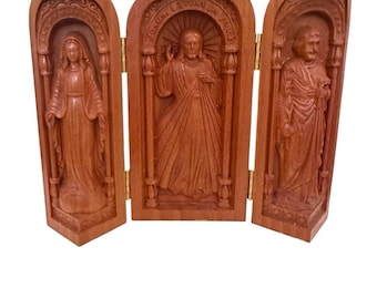 Altar portátil de madera tallado a mano - Estatua de Jesús, María y José de Belén