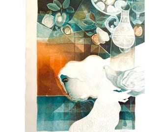 Litografía original firmada de Sunol Alvar, edición limitada con relieve de Mujer y Paloma #69/90, excelente estado.