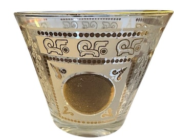 Cubitera/bol de hielo Hazel Atlas Glass VTG de mediados de siglo, dorada, con diseño azteca maya, 5 x 6