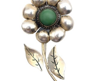 MCM Vintage Mexico Sterling Silver Green Turquoise Large Flowers Brooch Brooch