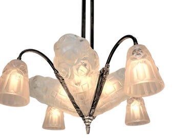 RARE-DEGUÉ Francuski żyrandol w stylu art déco z 1930 r., 4 klosze, 4 lampy sufitowe, sygnowany