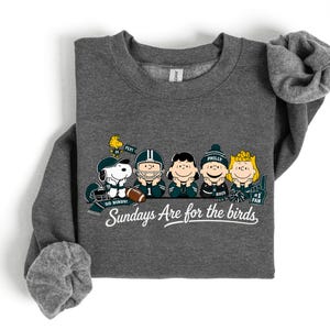 A gray sweatshirt with a graphic design featuring five cartoon characters from the Peanuts comic strip, including Snoopy, Woodstock, Birdie, Philemon, and Birdie, along with the text "Sunday's Are for the birds".