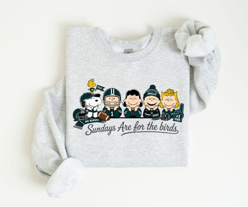 A gray sweatshirt with a graphic design featuring five cartoon characters, including a character holding a football, and the text "Sunday's Are for the birds" below the image.