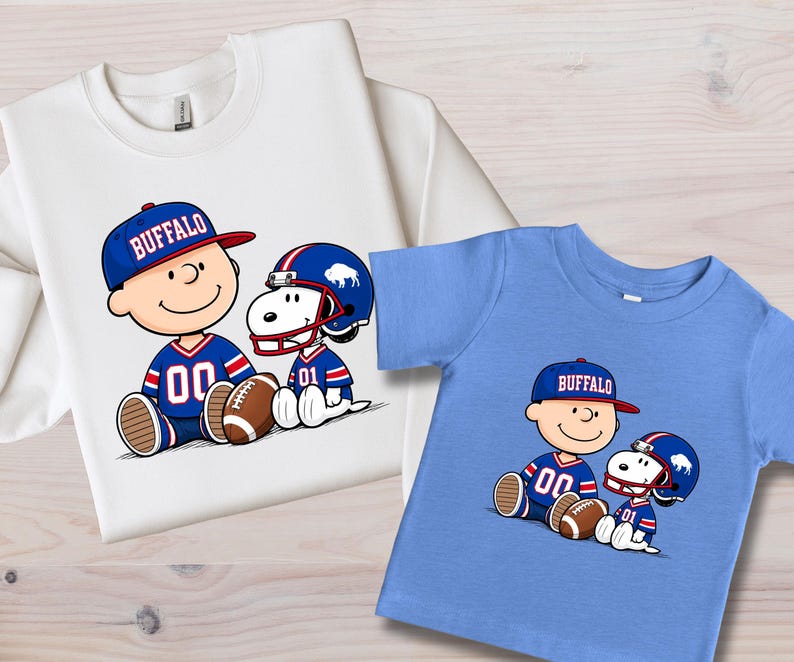 two t-shirts with cartoon characters wearing football uniforms and hats.