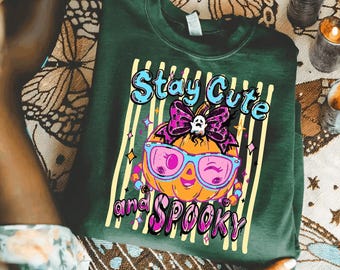 Stay Cute and Spooky Halloween Shirt or Sweatshirt, Coquette Pumpkin Tee, Pink Bow Ghost Shirt, Cute Halloween Tee, Spooky Season Shirt