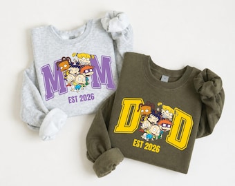 Mom and Dad Est 2026 Matching Rugrats Sweatshirts Retro 90s Cartoon New Parents Gift Expecting Mother Father Apparel Baby Shower Sweaters