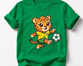 Brazil Jaguar Soccer Kids Shirt or Sweatshirt, Cute Brazil Soccer Mascot Tee, Youth Football Fan Shirt for Boys Girls, Brazil Match Day Gift