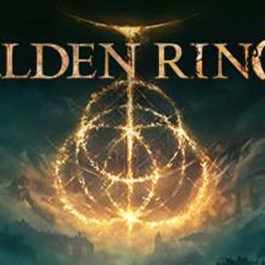 May include: The Elden Ring logo features gold lettering above a glowing, intricate golden symbol. The background is a dark, moody landscape with mountains and swirling clouds, creating a dramatic and epic feel.