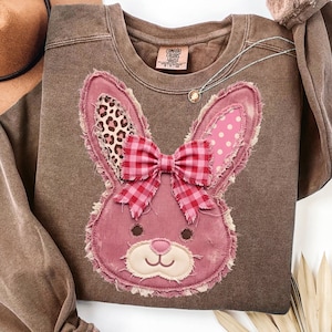 Faux patchwork bunny leopard png, easter vibe png | Bunny lovers coquette checkers design | Grandmillenial, retro-chic bunny graphics shirt
