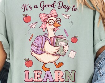 Teacher goose retro coquette checkers png | Good day to learn back-to-school kawaii goose | Cozy academia life love teaching | Girly preppy