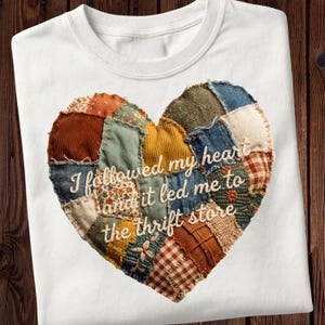 Patchwork heart with vintage flowering and text embroidered | Thrift shop png for quilted sweatshirt | Patchwork png digital product