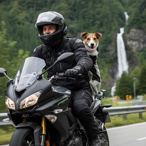 Może przedstawiać: Czarny motocykl z kierowcą i psem na krętej drodze. Pies ma na sobie uprząż i siedzi za kierowcą. W tle wodospad i zielone drzewa.