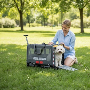May include: A dark gray pet carrier on wheels with a retractable handle, featuring mesh side panels and the text MOORPET SIGHTSEEING printed on the side. A small white curly-haired dog stands inside the carrier, which has a fold-out ramp.