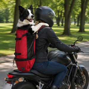 Może przedstawiać: Czerwony plecak do noszenia zwierząt z czarnymi siatkowymi panelami bocznymi i regulowanymi paskami, noszony przez motocyklistę. Czarno-biały pies znajduje się wewnątrz plecaka, a jego głowa i przednie łapy spoczywają na górnej krawędzi nosidła.