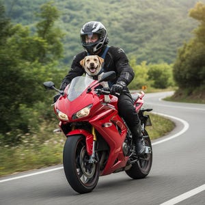 以下が含まれることがあります： 黒いヘルメットと黒い防護服を着用したライダーが乗る鮮やかな赤のスポーツバイク。ライダーとハンドルの間の燃料タンクの上に、青いハーネスを装着した明るい毛色のラブラドールレトリバーが座り、道路を走行している様子。