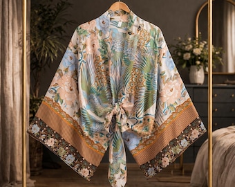 Cárdigan kimono floral bohemio, top cruzado con estampado de pavo real, chaqueta ligera de rayón para verano, pareo de playa, blusa bohemia para mujer