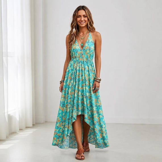 Turquoise Floral Maxi Dress Women, Boho Halter Neck Dress, Summer Beach Dress, Sleeveless Vacation Outfit, Flowy Resort Wear, Bohemian Dress