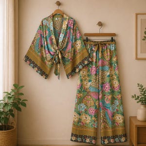 以下が含まれることがあります： 緑色の花柄の着物風トップスとワイドパンツのセット。ピンク、青、黄色の花と孔雀の羽の鮮やかな模様が特徴です。着物は結び紐付き、パンツはドローストリングウエストです。木製のハンガーにセットで展示されています。
